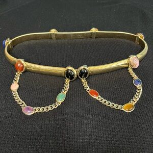 Judith Leiber Gold Semi Precious Stones Chain Belt Vintage 90s Accordian Stretch
